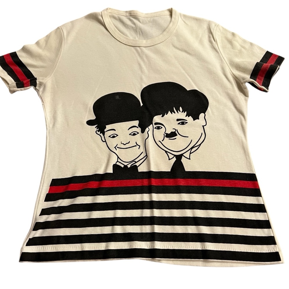 Vintage Laurel & Hardy‎ T-Shirt Size Small/Medium Striped Pop Art Single Stitch